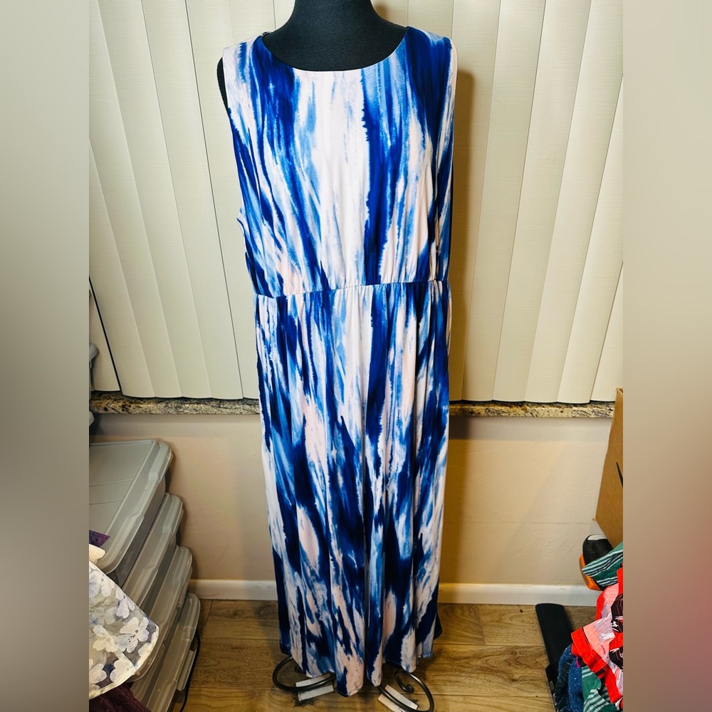 Soma High Neck Maxi Bra Dress Pockets Tye Dye Stretch Long Blue Plus SZ XXL NEW